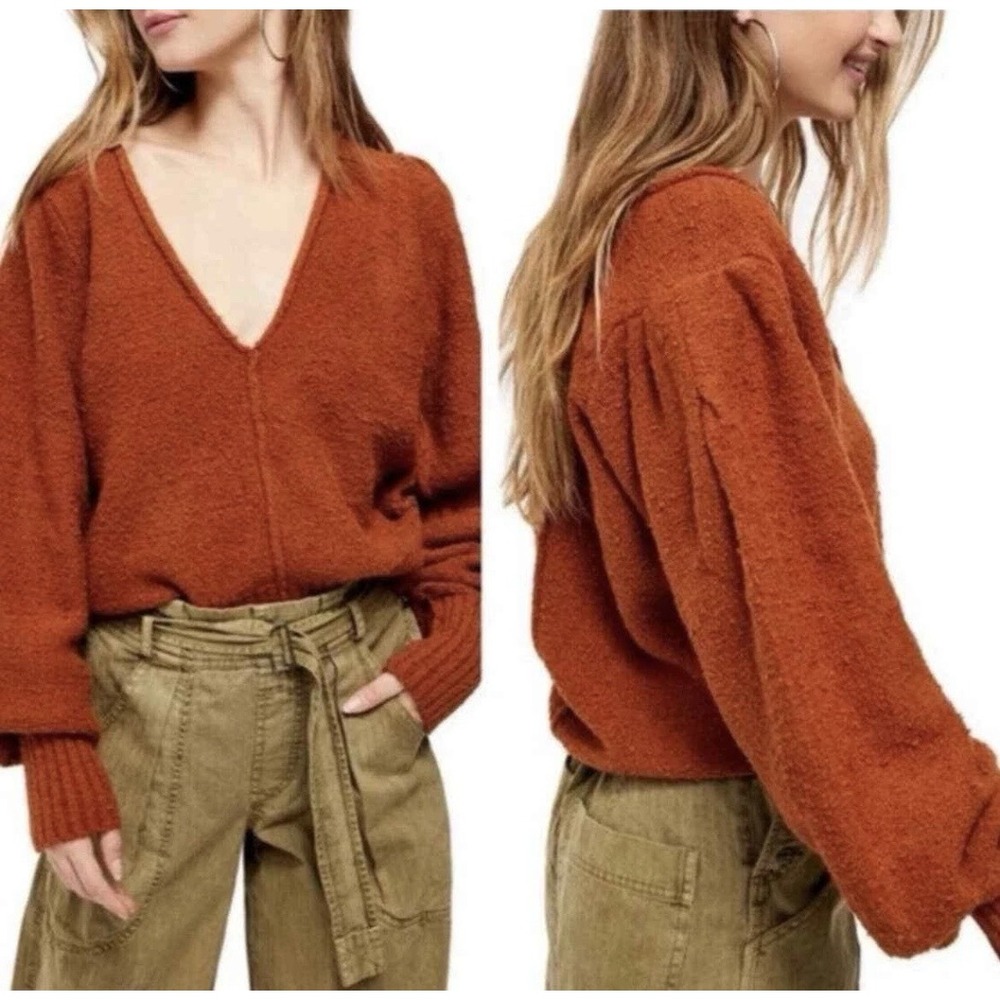 Free People Reverie V-Neck Pullover Sweater in Burnt Butter Size S Boho Relaxed